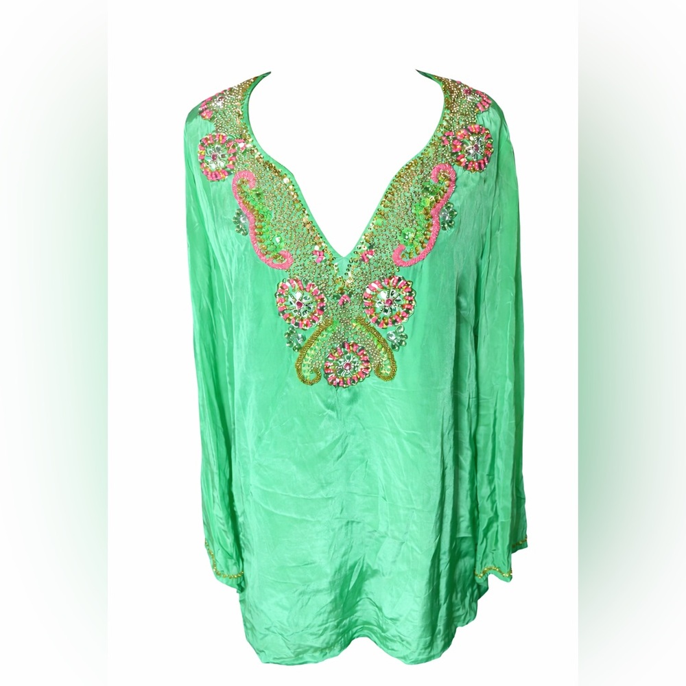 Boston Proper Beaded‎ V-Neck Boho Tunic Top Green Embellished Resort- Medium